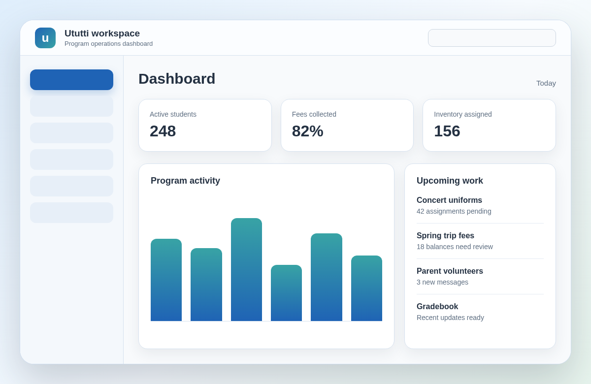 Stylized Ututti dashboard preview with navigation, student, finance, inventory, and activity panels